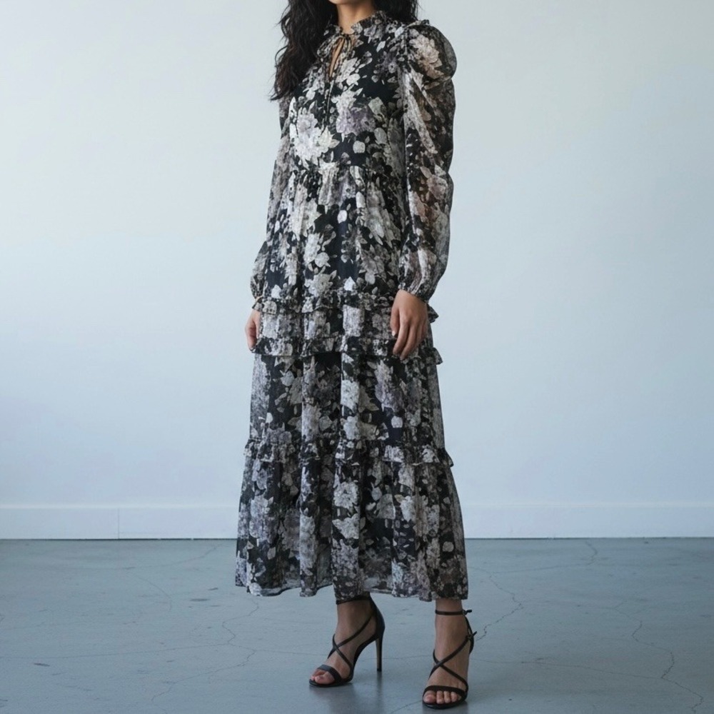 En Saison Rena Floral Tie Split Neck Long Sleeve Ruffle Tiered Midi Dress size S